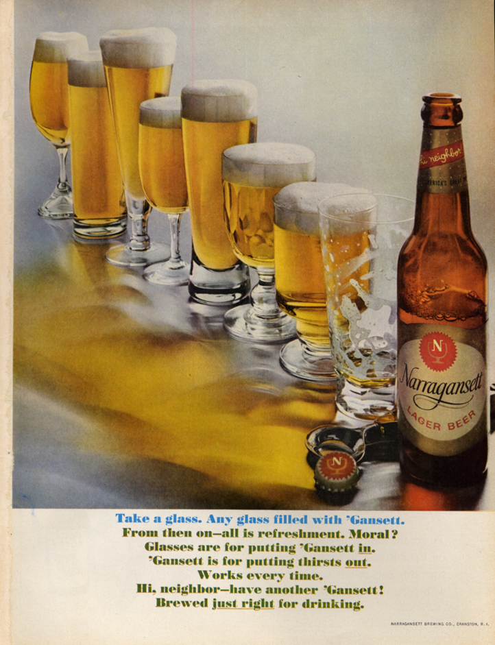 Image for Take a glass, Any glass, then all is refreshment Narragansett Beer ad 1960 L
