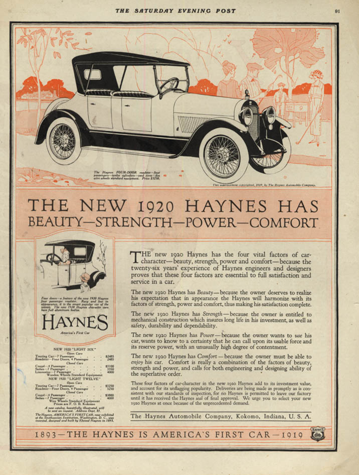 Image for Beauty - Strength - Power - Comfort: Haynes Four-Door Roadster ad 1920 SEP