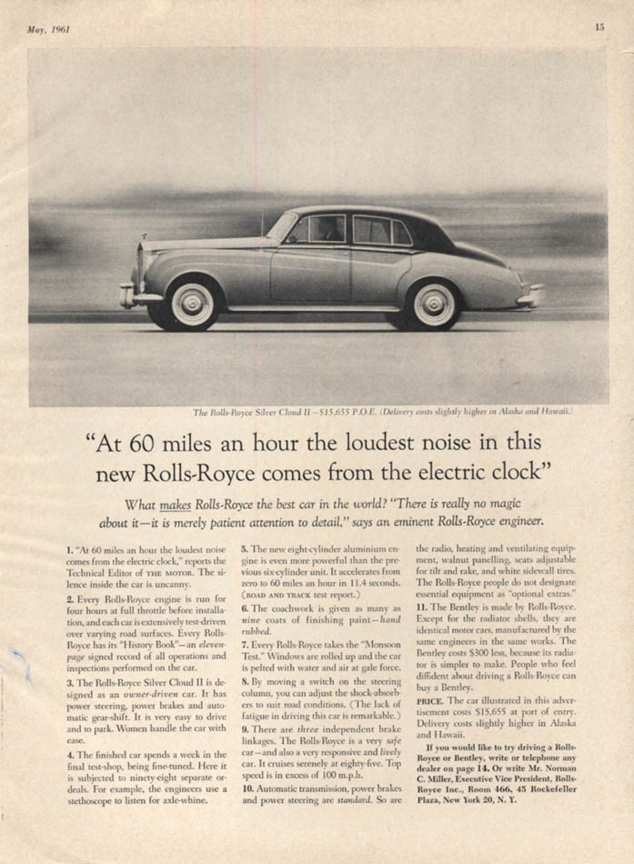 Image for At 60 miles an hour the loudest noise comes from the clock Roll-Royce ad 1961 VG