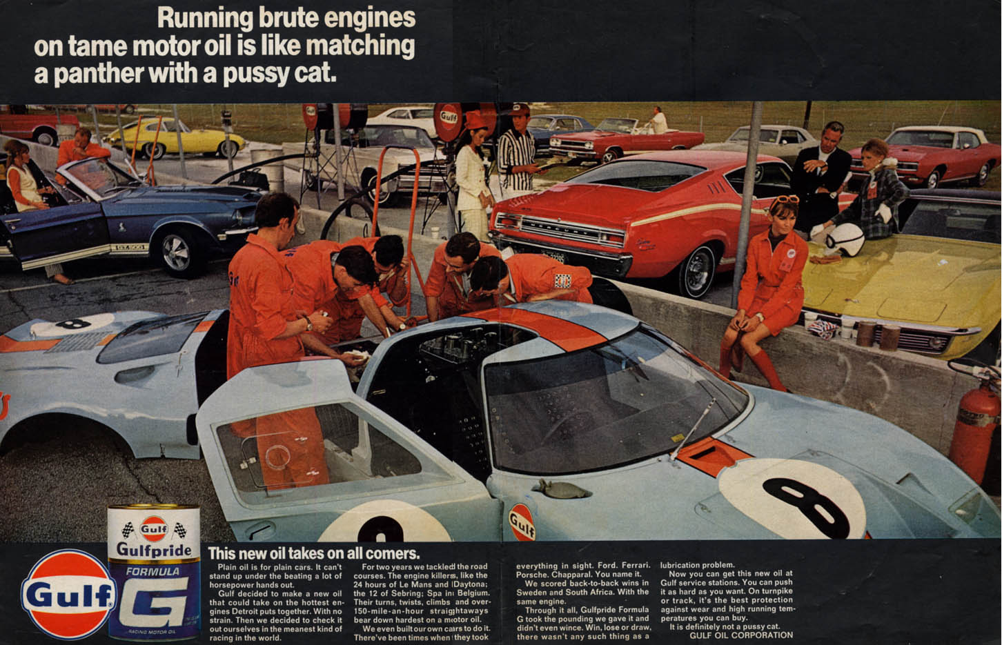 Image for Gulfpride Formula G Oil takes on Shelby GT 500 Corvette GTO ++ ad 1968 L