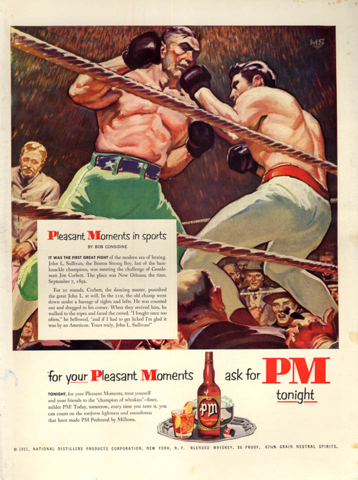 Image for John L Sullivan vs Jim Corbett by Bob Considine PM Whiskey ad 1951 L
