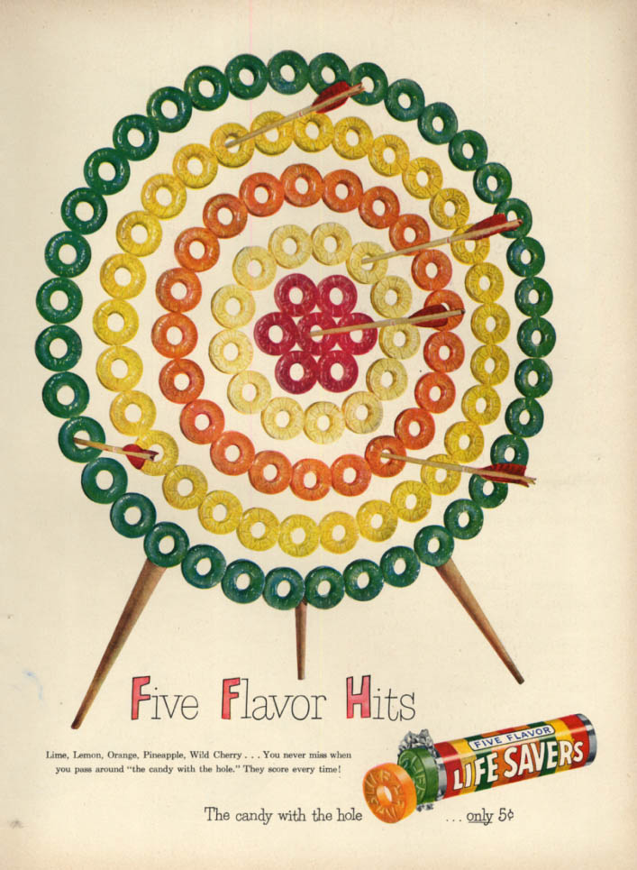 Image for Five Flavor Hits - Life Savers Candy ad 1949 archery targer L