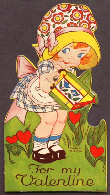 Image for Girl watering can animated Valentine card ca 1920s