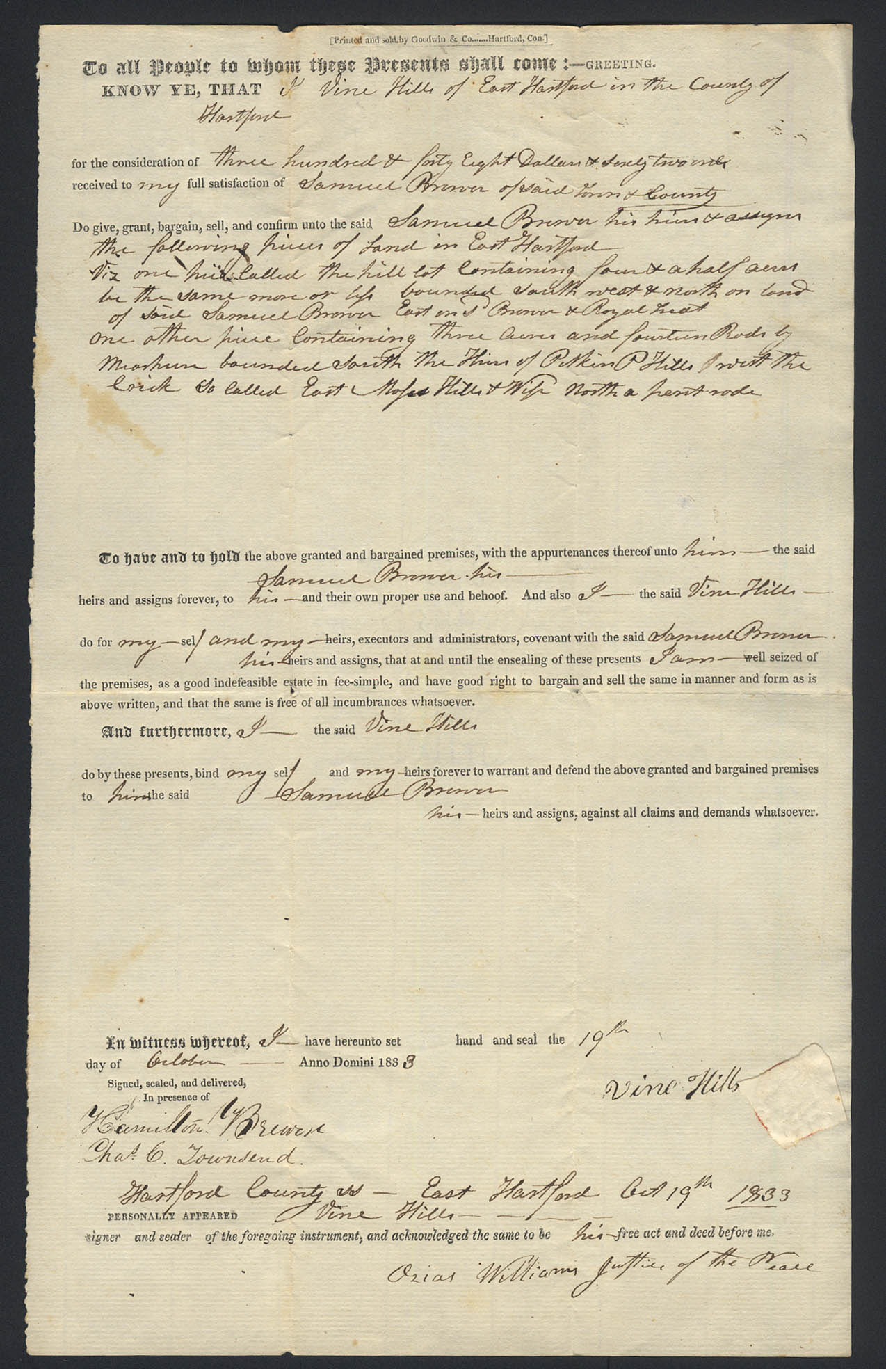 Image for Vine Hills to Samuel Brewer E Hartford CT deed 1833