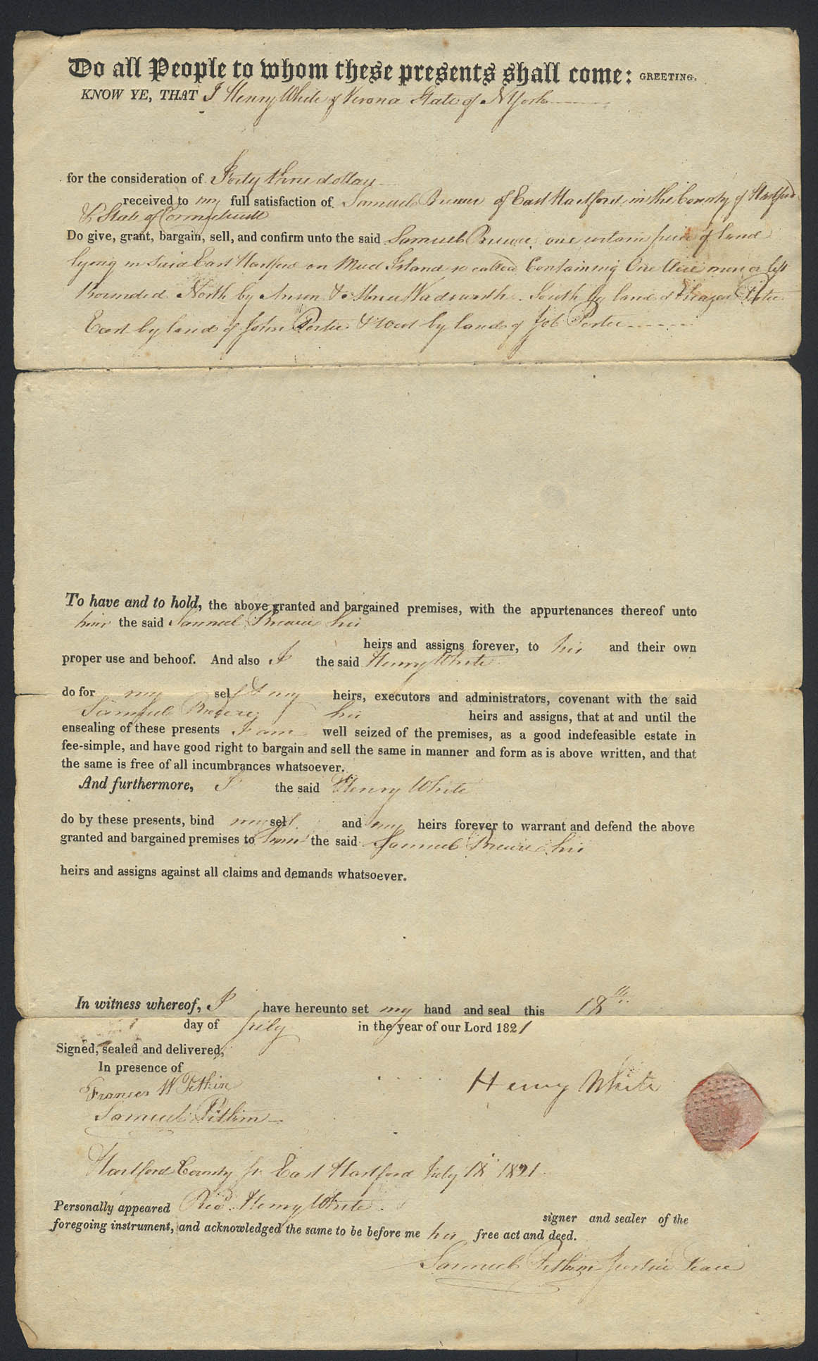 Image for Henry White to Samuel Brewer E Hartford CT deed 1821