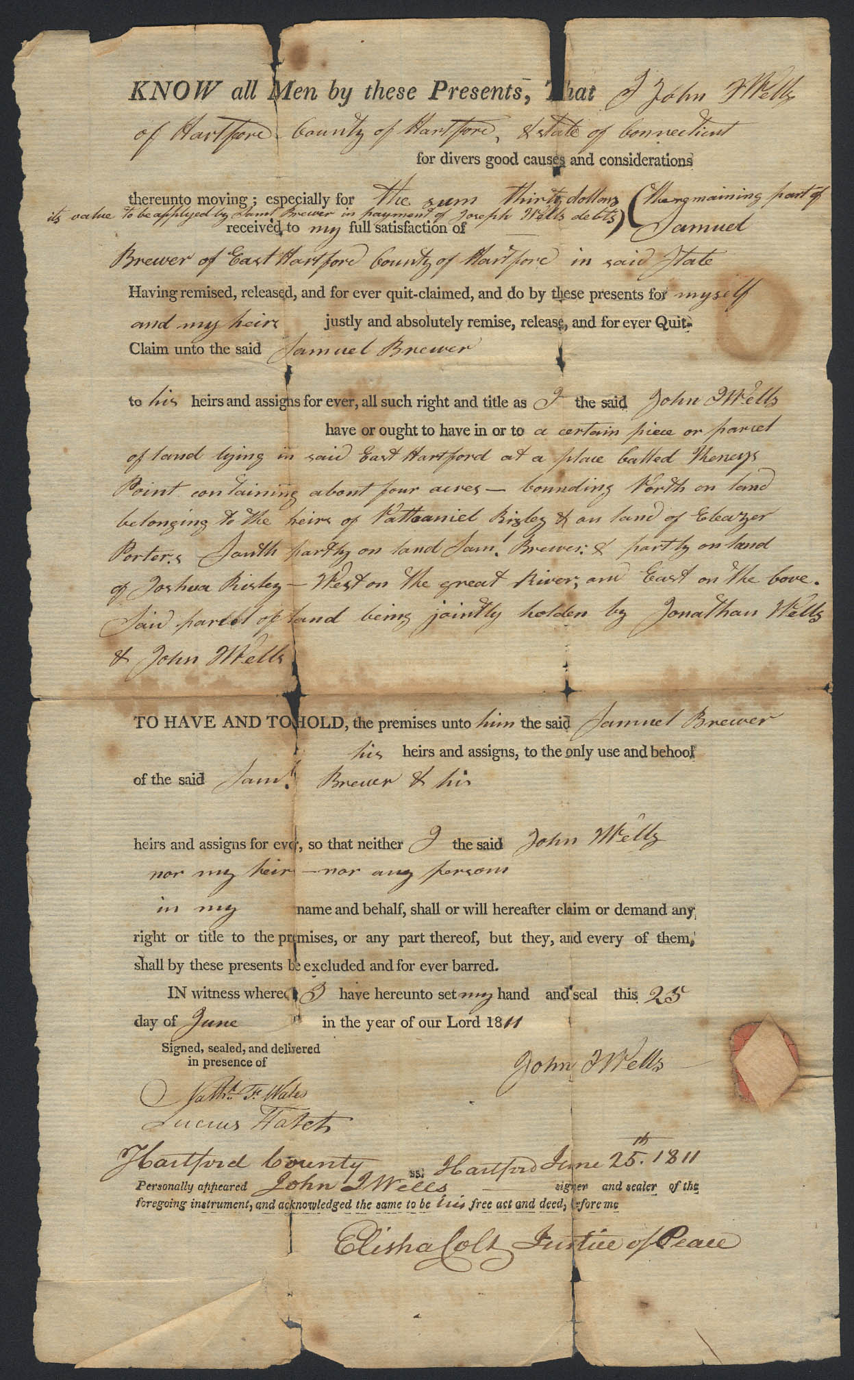 Image for John Wells to Samuel Brewer E Hartford CT deed 1811