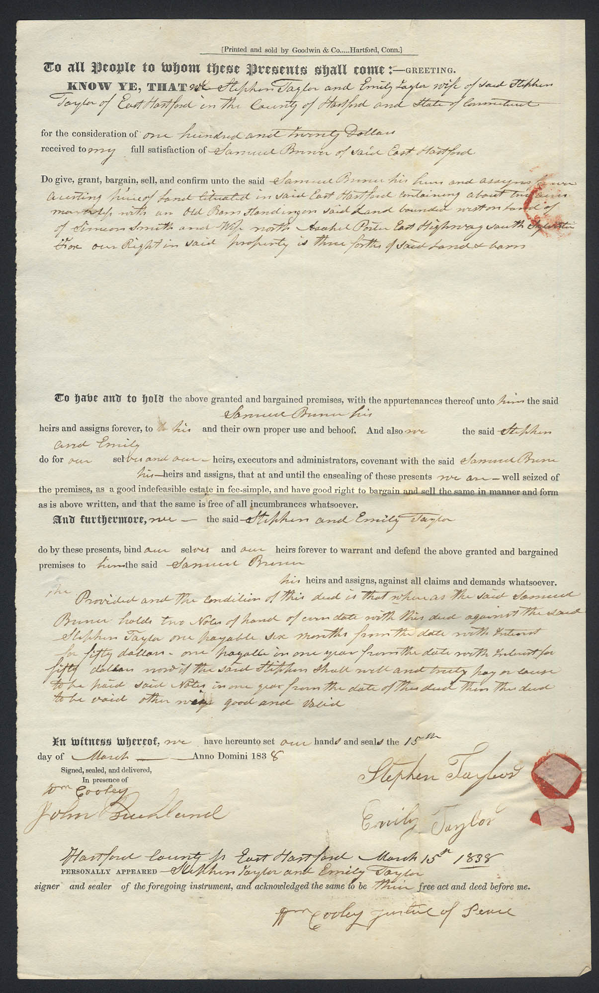 Image for Stephen Taylor to Samuel Brewer E Hartford CT deed 1838