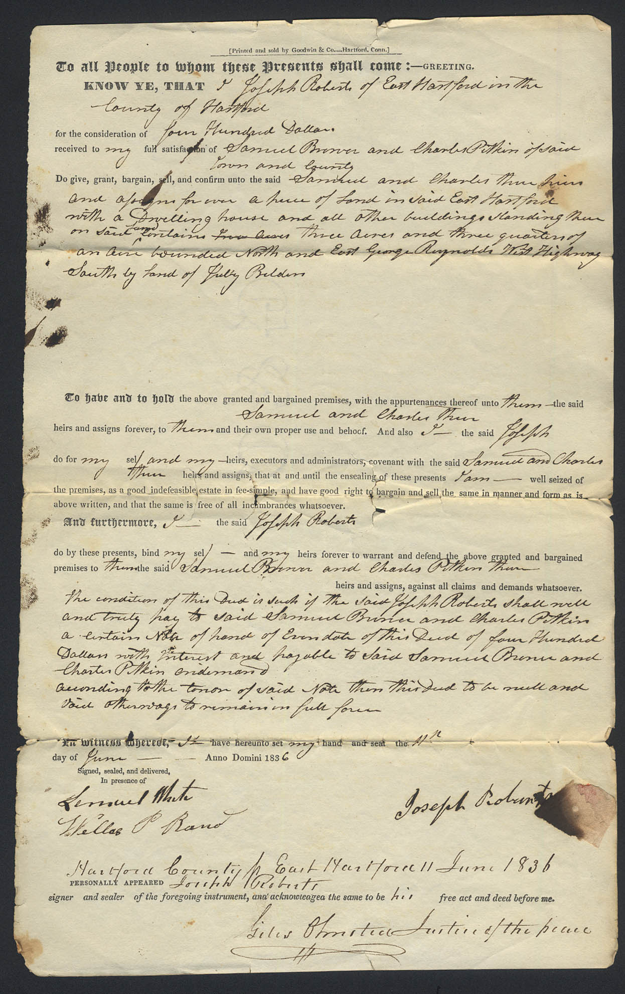 Image for Joseph Roberts to Samuel Brewer E Hartford CT deed 1836