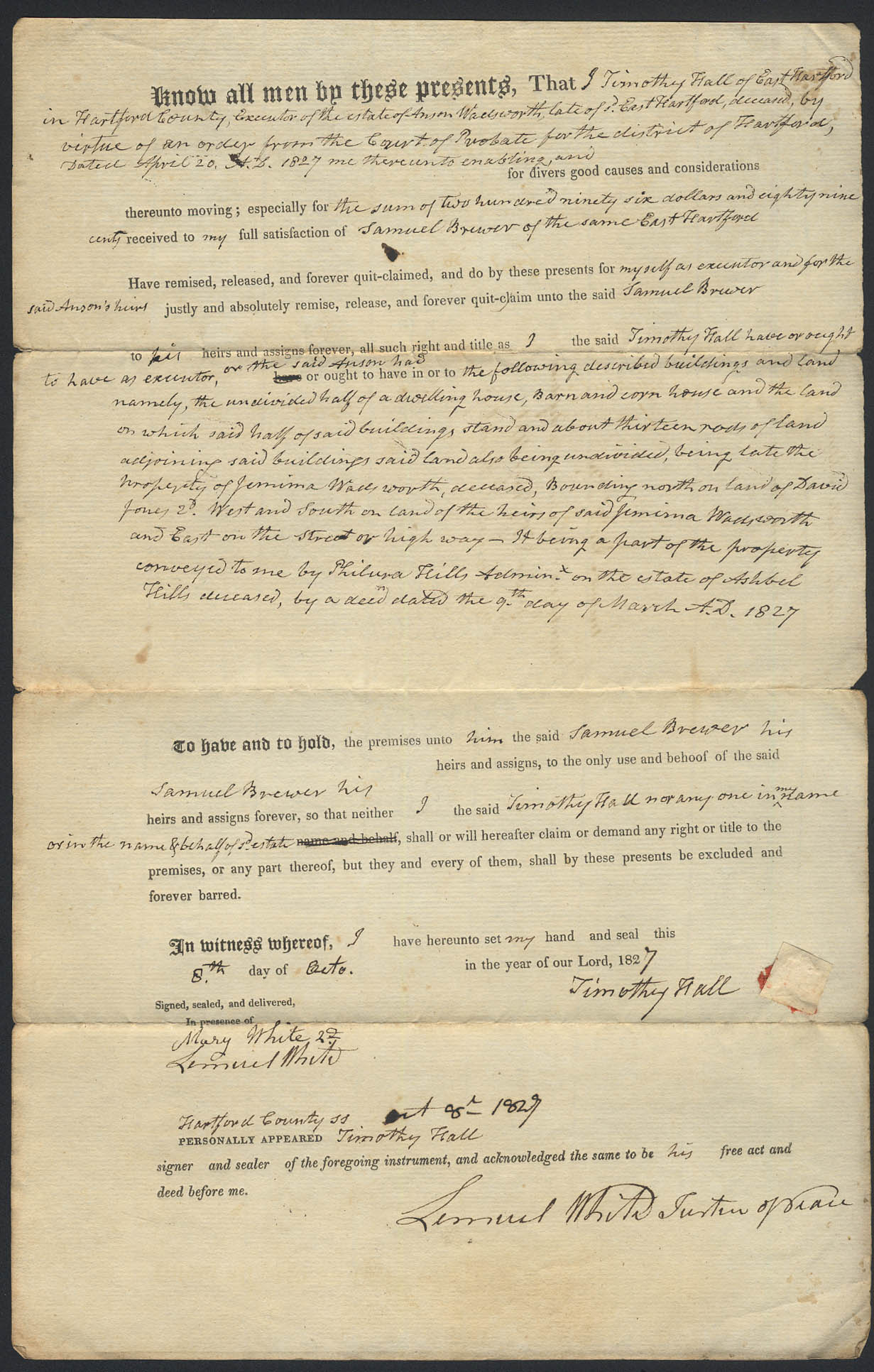 Image for Timothy Hall to Samuel Brewer E Hartford CT deed 1827