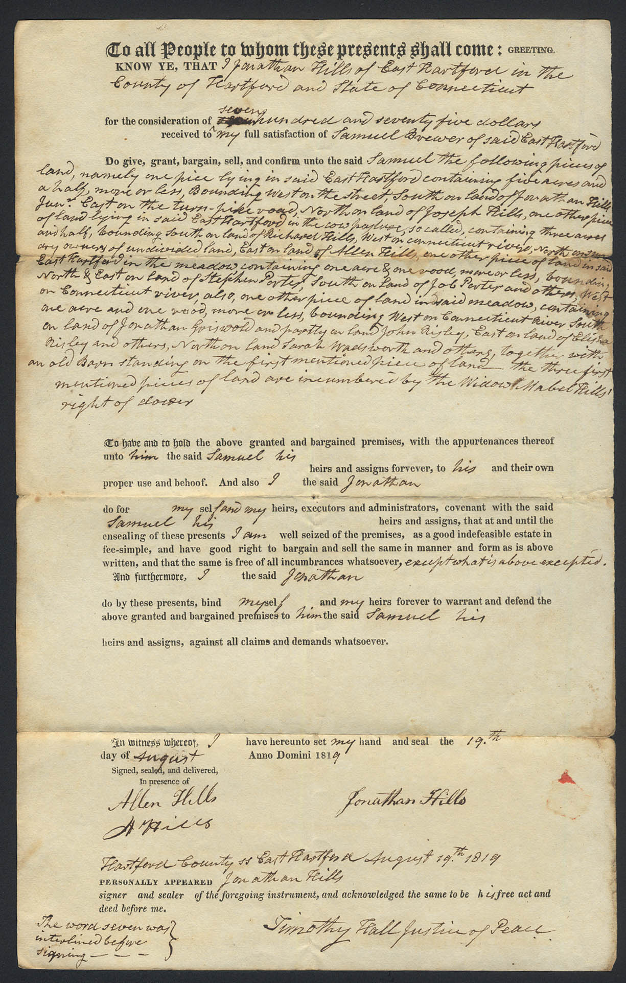 Image for Jonathan Hills to Samuel Brewer E Hartford CT deed 1819