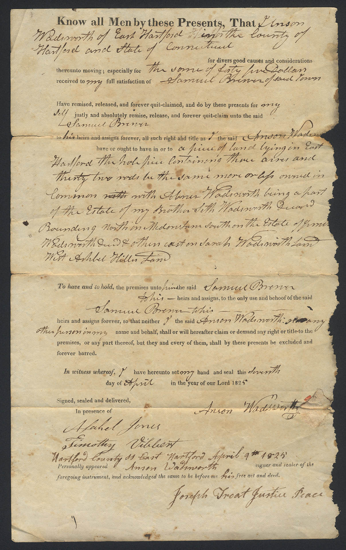 Image for Anson Wadsworth Samuel Brewer E Hartford CT deed 1825