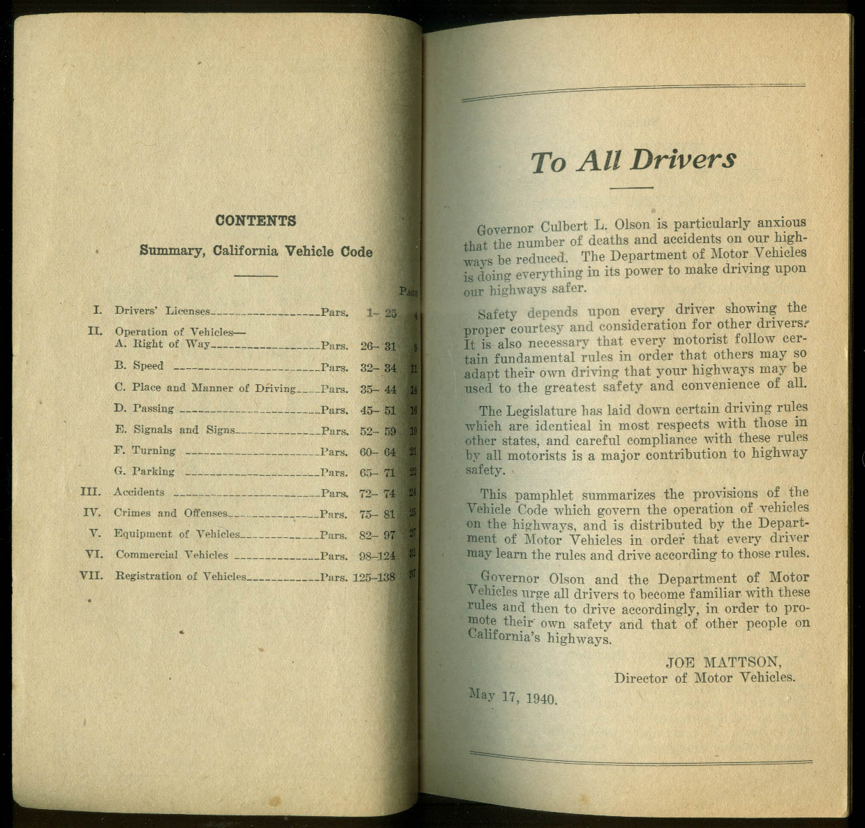 Summary California Motor Vehicle Code Effective Until 1941