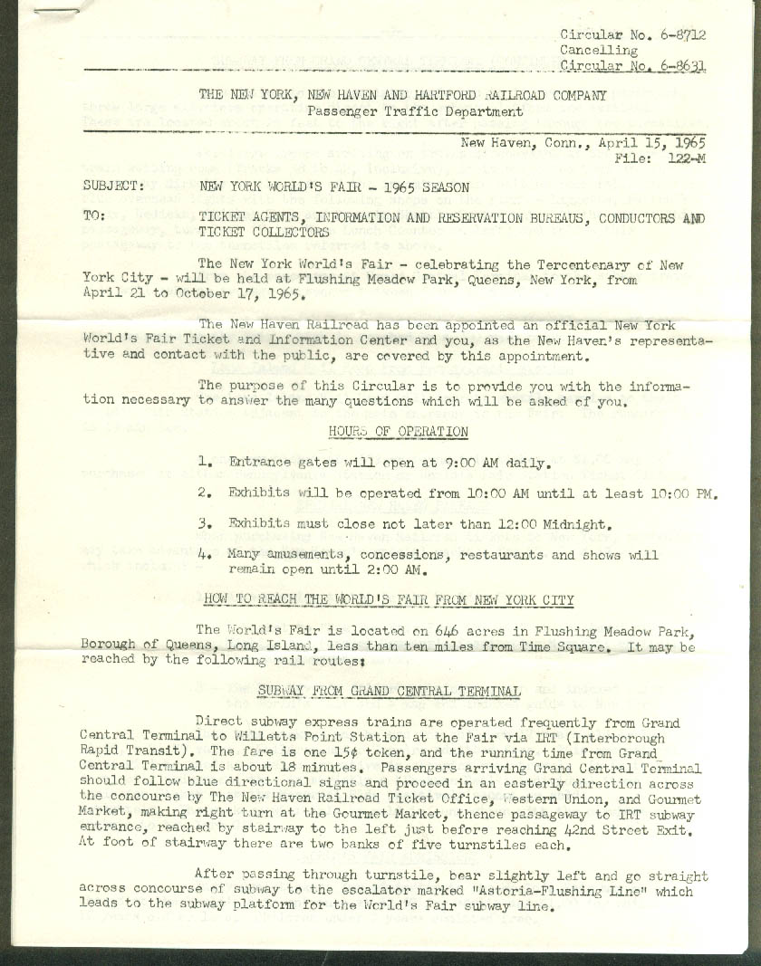 Image for New York New Haven & Hartford RR World's Fair 1965 Ticket Agent Info Sheets