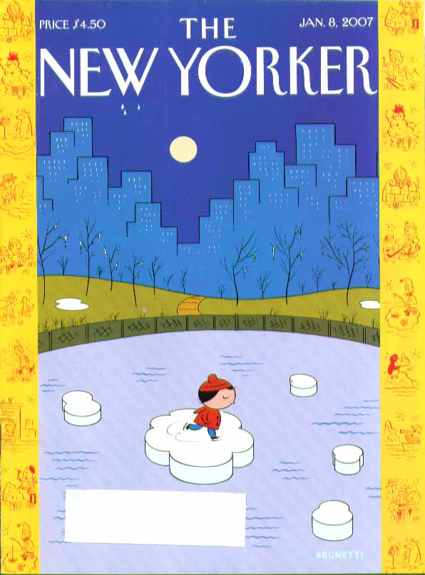 Image for New Yorker cover Ivan Brunetti kid skates on Central Park pond ice floe 1/8 2007