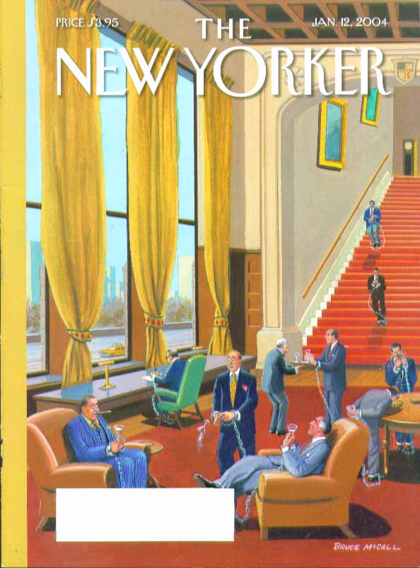 Image for New Yorker cover Bruce McCall men's club members chained & cuffed 1/12 2004