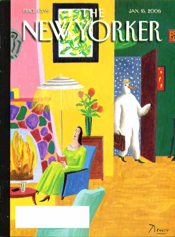 Image for New Yorker cover Benoit van Innis snowman arrives home from work 1/16 2006
