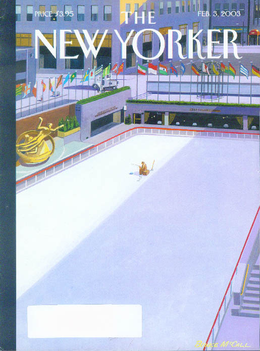 Image for New Yorker cover Bruce McCall ice fishing in Rockefeller Center rink 2/3 2003