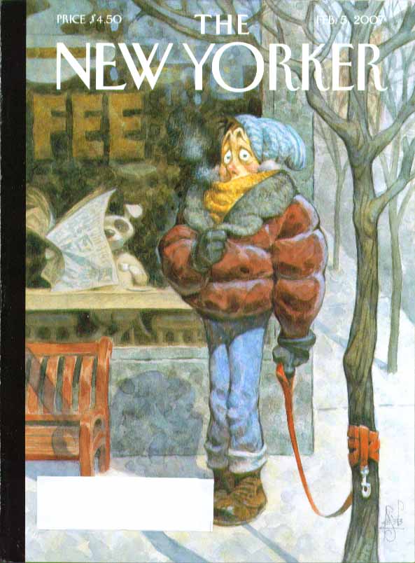 Image for New Yorker cover Peter de Seve man waits for dog outside coffee shop 2/5 2007