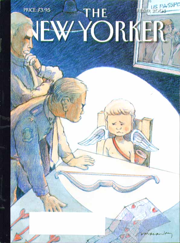 Image for New Yorker cover Adrian Tomine cops interrogate Cupid with bow & arrow 2/9 2004