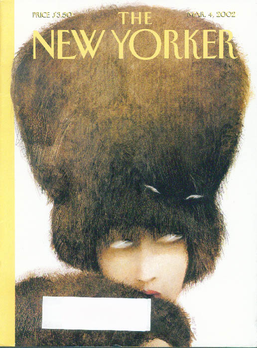 Image for New Yorker cover Ana Juan cat hiding in woman's huge fur hat 3/4 2002