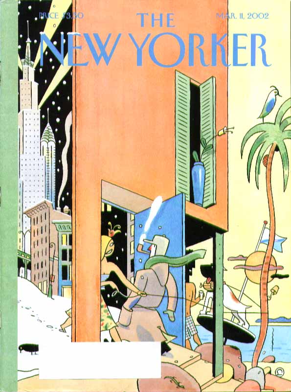 Image for New Yorker cover Eric Lewis door between NY winter & tropical beach 3/11 2002