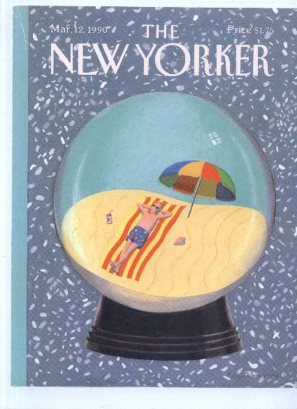 Image for New Yorker cover Young man sunbathes inside snow globe 3/12 1990