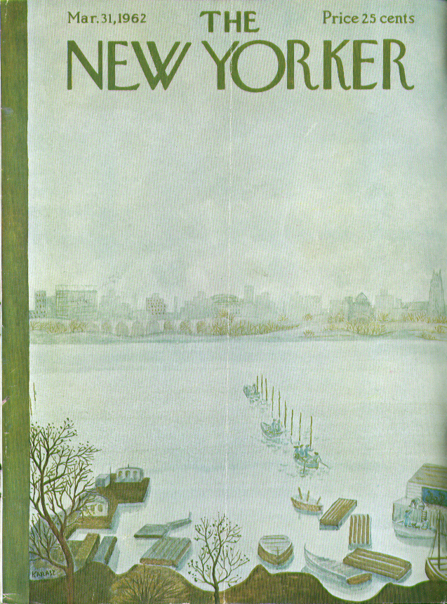 Image for New Yorker cover Karasz 1st boaters on river 3/31 1962