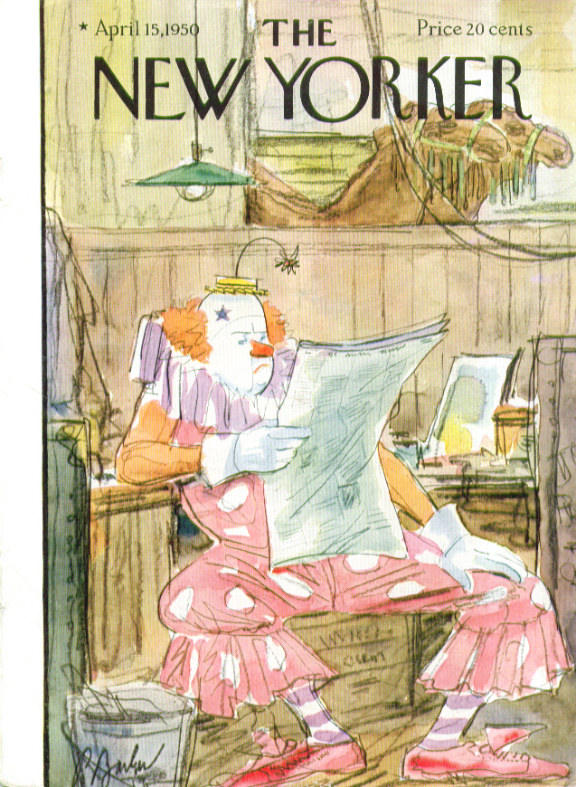 Image for New Yorker cover Barlow clown reads newspaper 4/15 1950