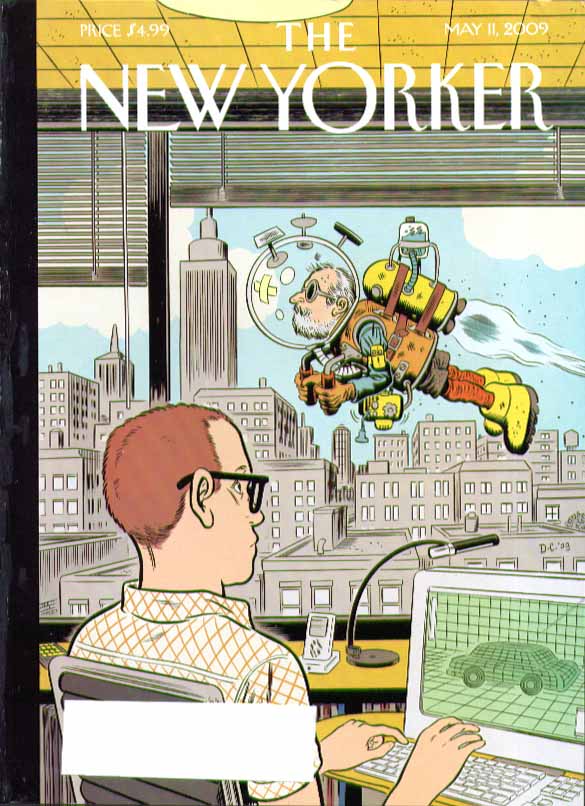 Image for New Yorker cover Dan Clowes old man in jetpack flies past window 5/11 2009