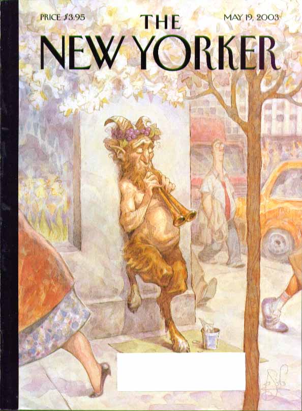 Image for New Yorker cover Peter de Seve Pan plays pipes for change on street 5/19 2003
