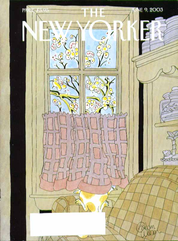 Image for New Yorker cover Gahan Wilson cat under curtain to see outside 6/9 2003