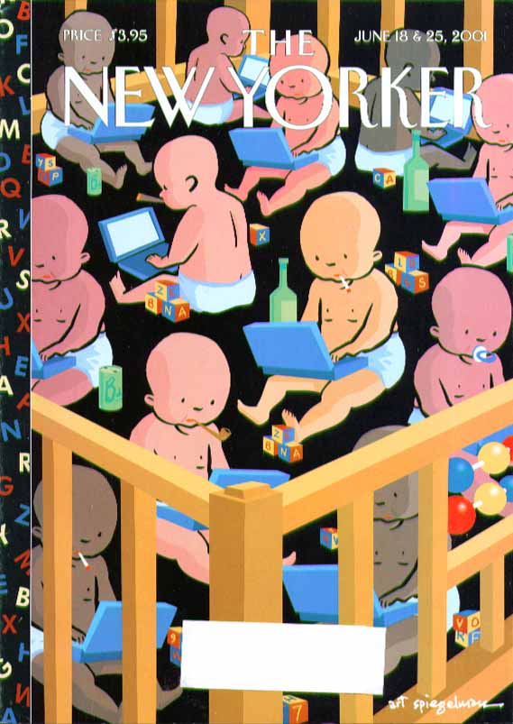 Image for New Yorker cover Art Spiegelman babies in crib smoking & web browsing 6/18 2001