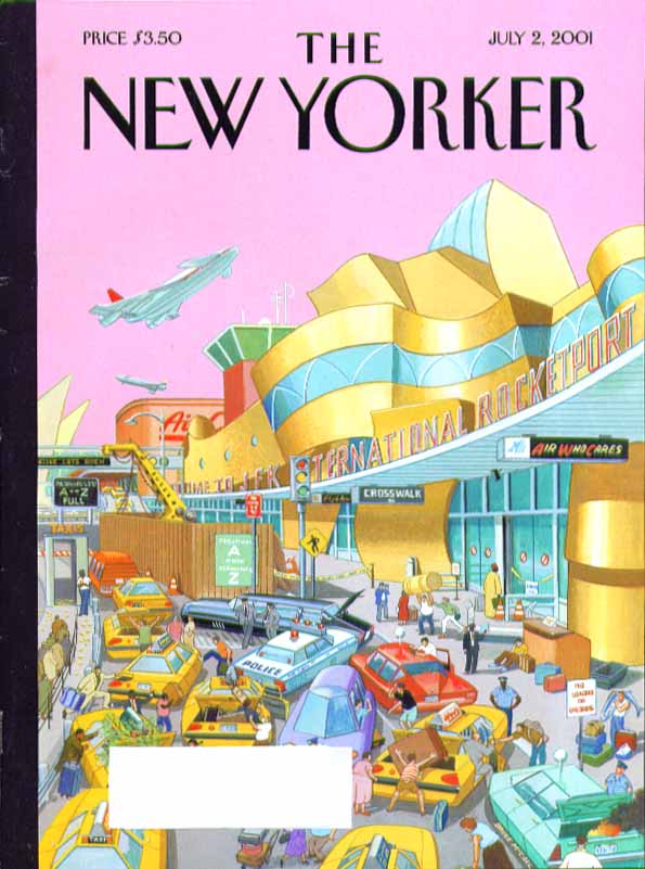 Image for New Yorker cover Bruce McCall JFK International Rocketport traffic jam 7/2 2001