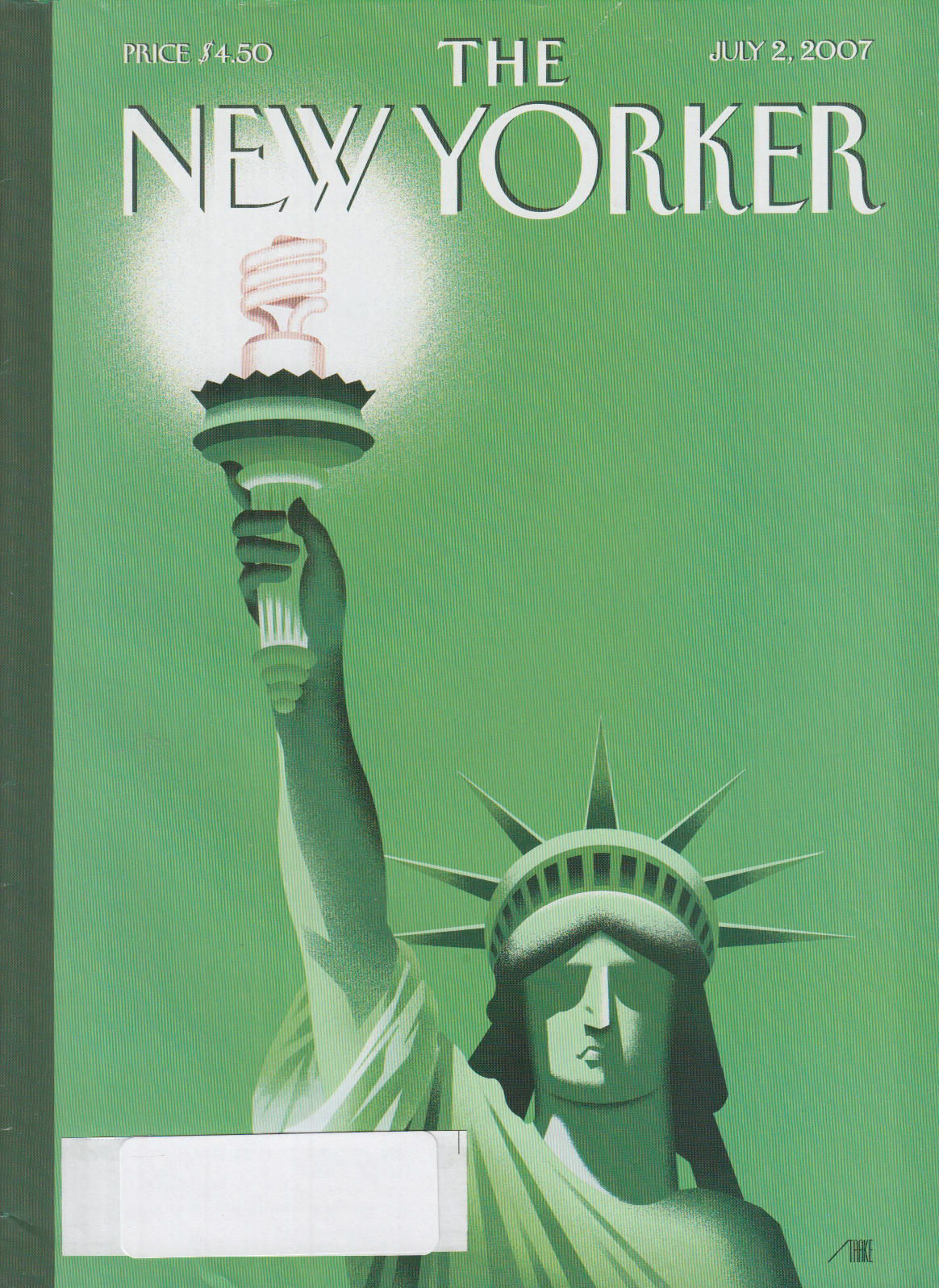 Image for New Yorker cover Enid Starkie Statue of Liberty with fluorescent bulb 7/2 2007