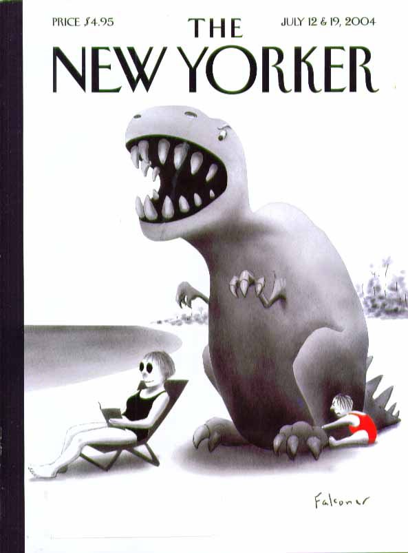 Image for New Yorker cover Ian Falconer Tyrannosaurus Rex beach sand figure 7/12 7/19 2004