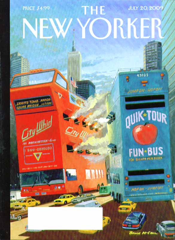Image for New Yorker cover Bruce McCall city tour bus cannon battle 7/20 2009
