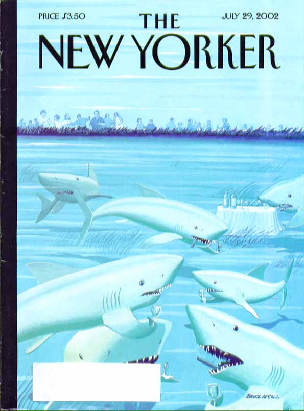 Image for New Yorker cover Bruce McCall shark cocktail hour before bather feast 7/29 2002