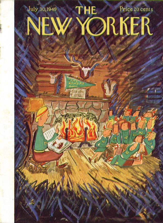 Image for New Yorker cover Bemelmans Campers fireplace 7/30 1949