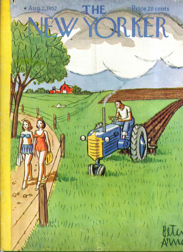 Image for New Yorker cover Peter Arno young farmer distracted by bathing beauties 8/2 1952
