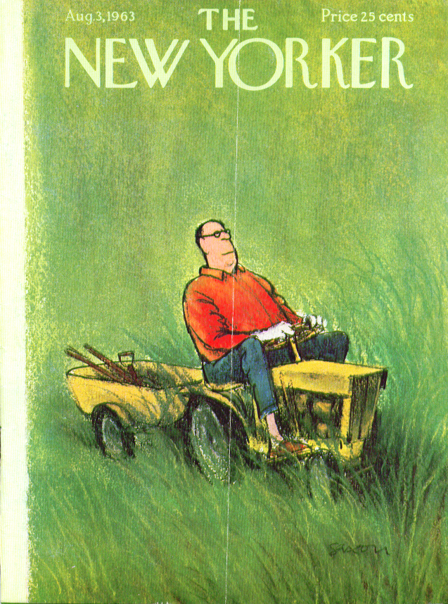 Image for New Yorker cover Saxon man on lawn tractor 8/3 1963