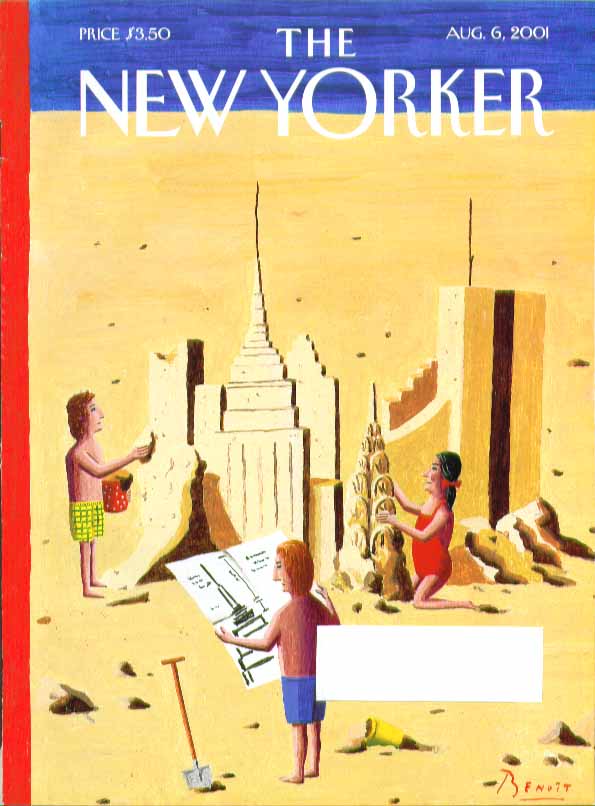 Image for New Yorker cover Benoit van Innis NY skyline abuilding in sand 8/6 2001