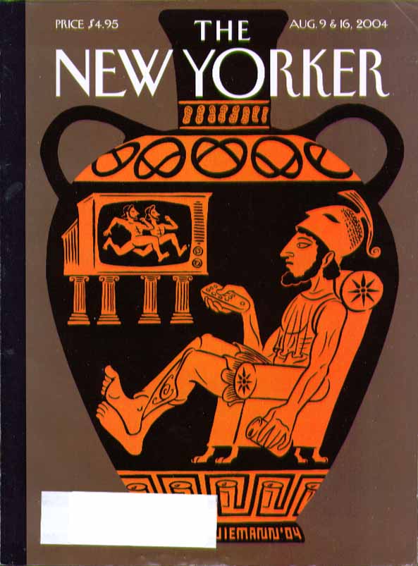 Image for New Yorker cover Christoph Niemann Greek vase figure watches TV 8/9 & 8/16 2004