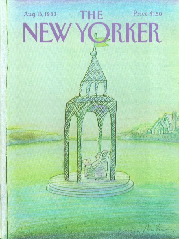Image for New Yorker cover Mihaesco man reads in wicker 8/15 1983