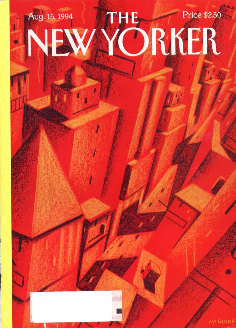 Image for New Yorker cover McGuire red hot cityscape buildings with faces 8/15 1994