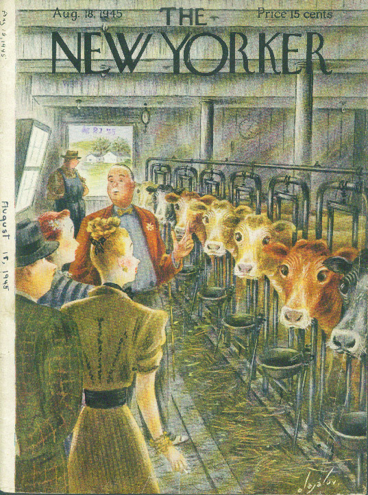 Image for New Yorker cover Alajalov city folk at dairy 8/18 1945