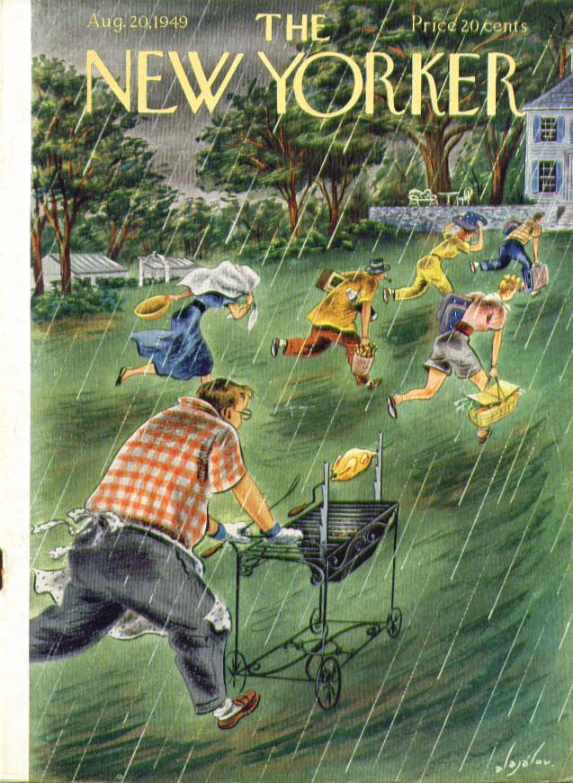 Image for New Yorker cover Alajalov rushing the picnic out of the rain 8/20 1949