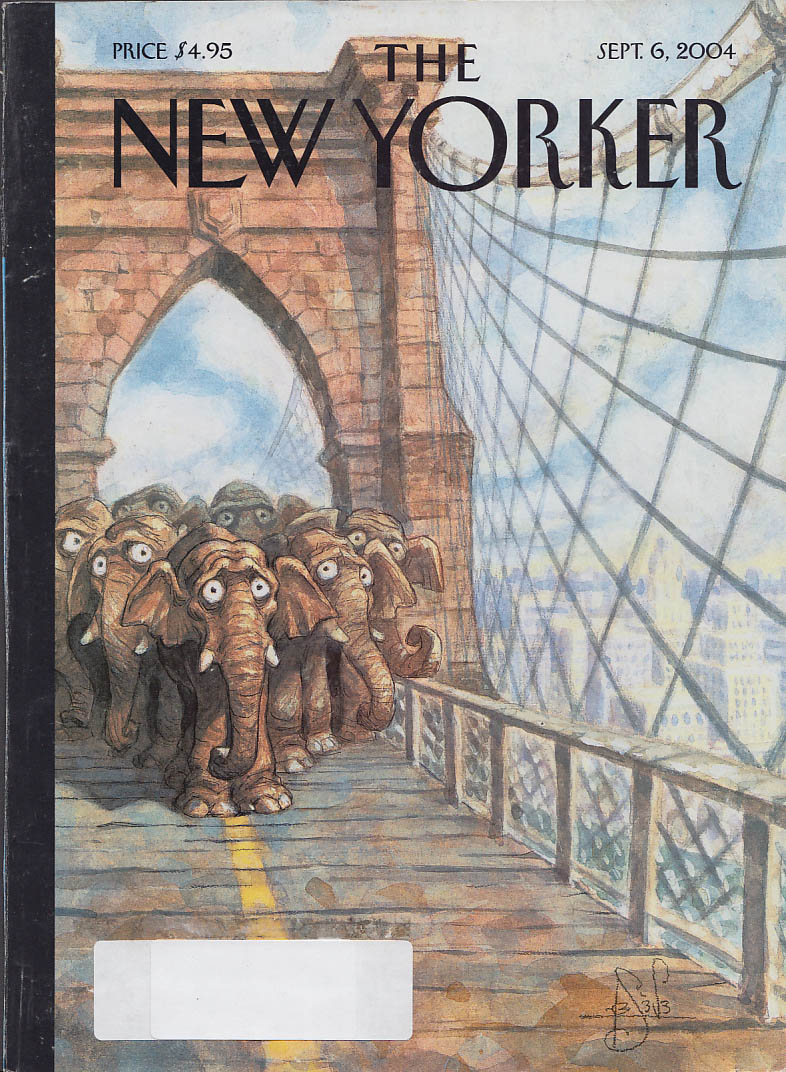 Image for New Yorker cover Peter de Seve Elephants fear to cross Brooklyn Bridge 9/6 2004