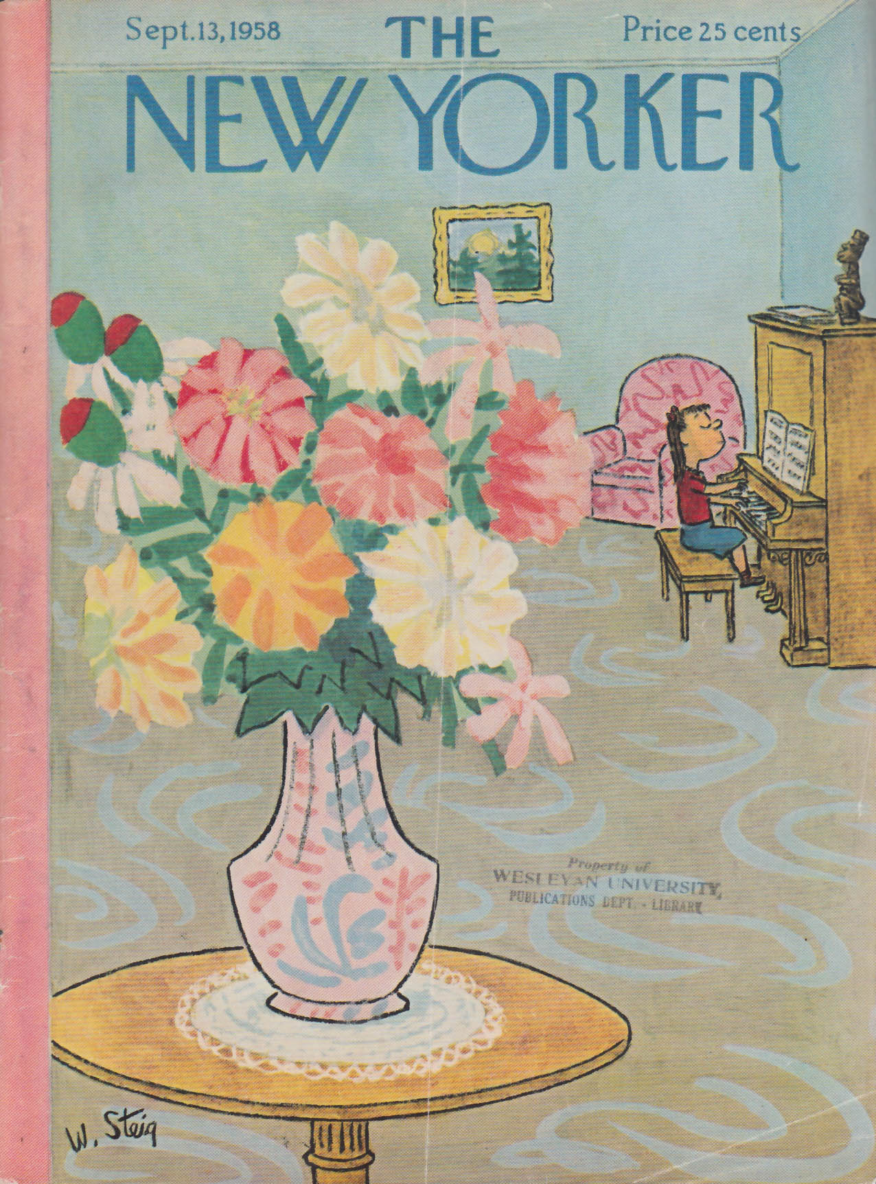 Image for New Yorker cover Steig girl at piano bouquet 9/13 1958