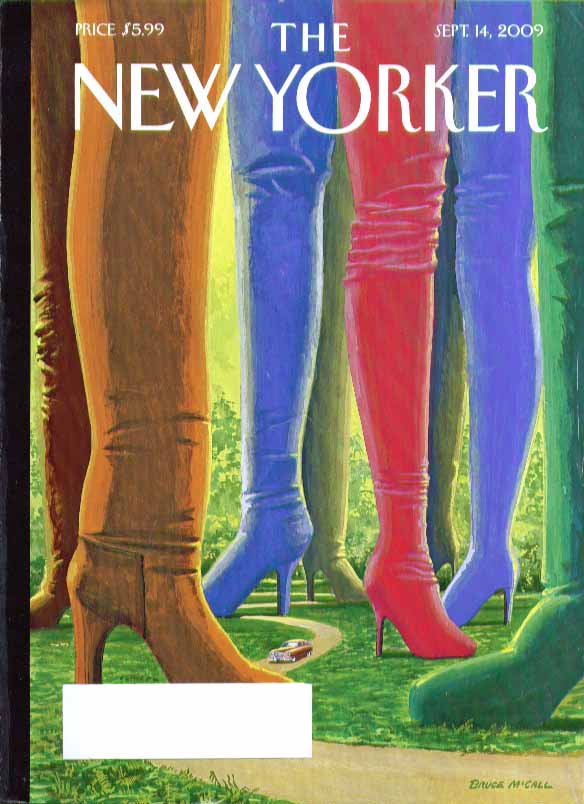 Image for New Yorker cover Bruce McCall 1950 Nash thru forest of colored boots 9/14 2009