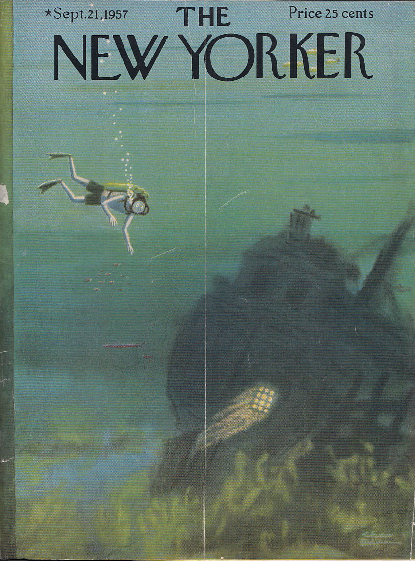 Image for New Yorker cover Charles Addams SCUBA diver sees sunken ship light 9/21 1957